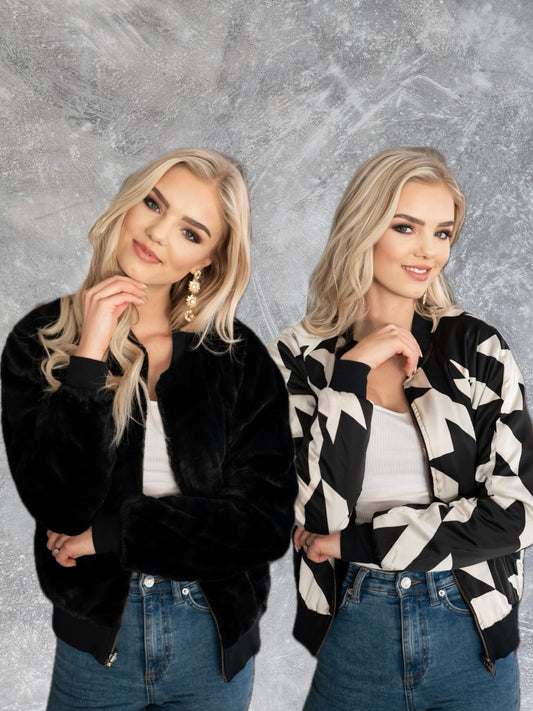 Reversible Houndstooth & Fur Jacket